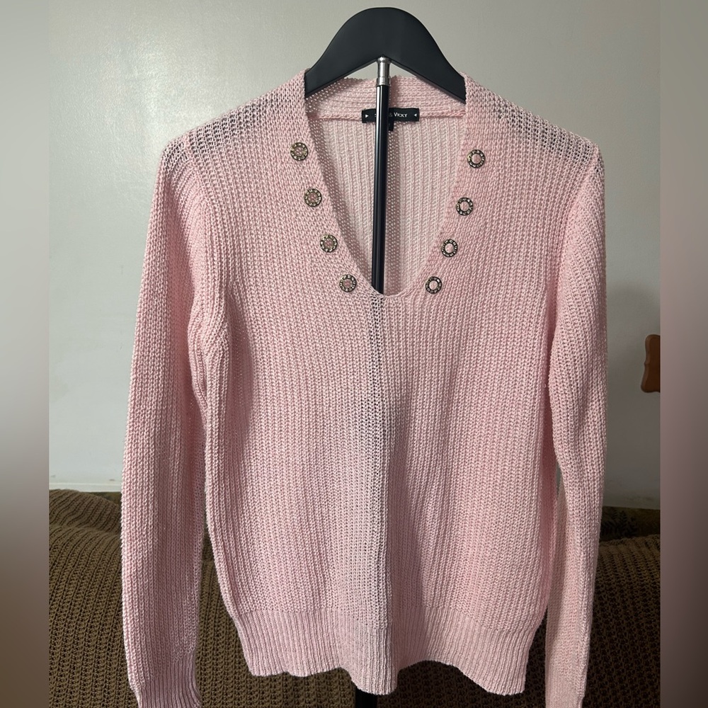 Chic Pink V-Neck Sweater with Button Accents